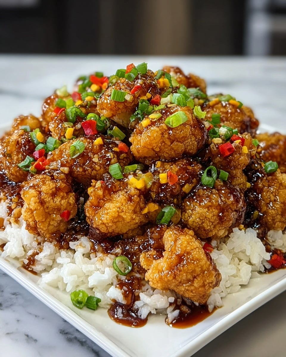 A white square plate is filled with a base layer of white, fluffy rice, topped with many pieces of golden-brown fried cauliflower coated in a thick, shiny dark brown sauce. The cauliflower pieces are scattered with small green onion slices and tiny red and yellow bell pepper bits, adding pops of color on top. The dish looks rich, glossy, and textured with the sauce dripping slightly over the rice beneath. The background shows a white marbled surface. photo taken with an iphone --ar 4:5 --v 7