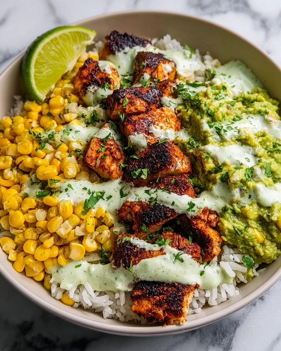 A white bowl filled with a base layer of white rice. On one side, there is a pile of bright yellow corn kernels. Next to the corn, there is a chunky green layer of guacamole mixed with bits of corn. Grilled chicken pieces with a dark brown, slightly charred crust sit on top, spread across the middle of the bowl. All the layers are drizzled with a light green creamy sauce with small green specks. A slice of lime rests on the edge of the bowl, and some chopped fresh green herbs are sprinkled over the dish. The bowl is placed on a white marbled surface. Photo taken with an iphone --ar 4:5 --v 7