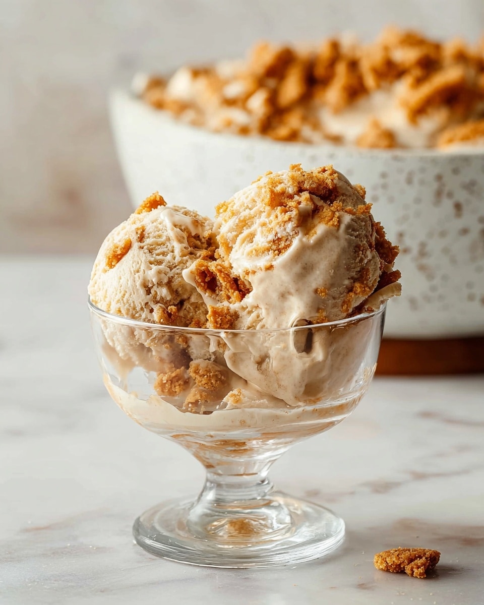 A clear glass dessert cup with two scoops of creamy ice cream is shown, each scoop swirled with visibly crunchy, golden-brown cookie pieces. The ice cream is light beige with smooth and slightly melting textures, mixed with chunky, crumbly cookie bits that add rough texture and warm earthy tones. In the background, a larger white speckled bowl filled with more ice cream is blurred softly, sitting on a white marbled surface. photo taken with an iphone --ar 4:5 --v 7