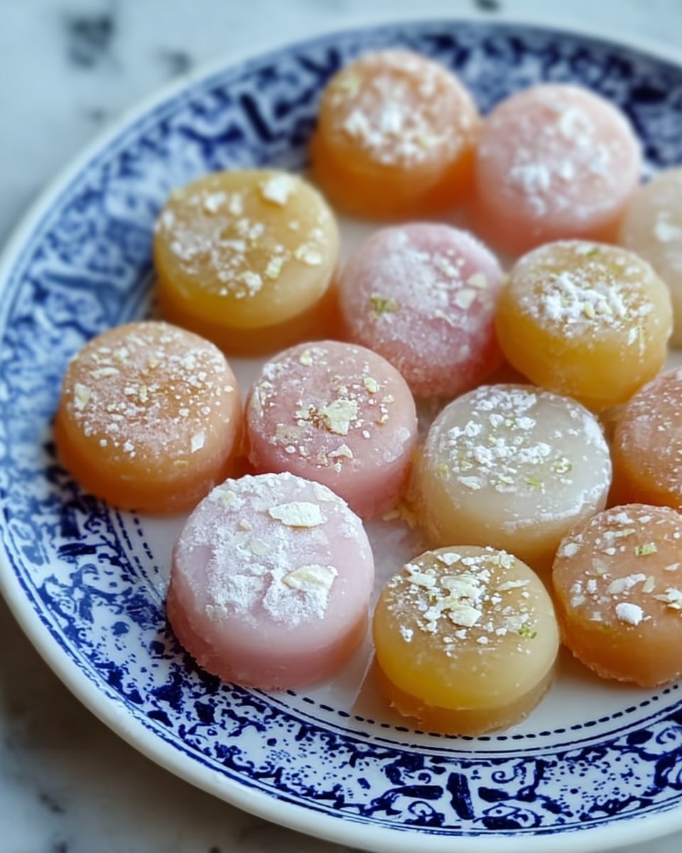 The image shows small round sweets arranged on a white plate with blue pattern designs. Each sweet has one layer with a smooth, slightly translucent surface in shades of light orange, pale yellow, and light pink. They have a frosty look and are sprinkled with white powder on top, giving a textured appearance. Some sweets show small bits of white flakes embedded inside, adding to the rough texture. The plate is set on a white marbled surface photo taken with an iphone --ar 4:5 --v 7