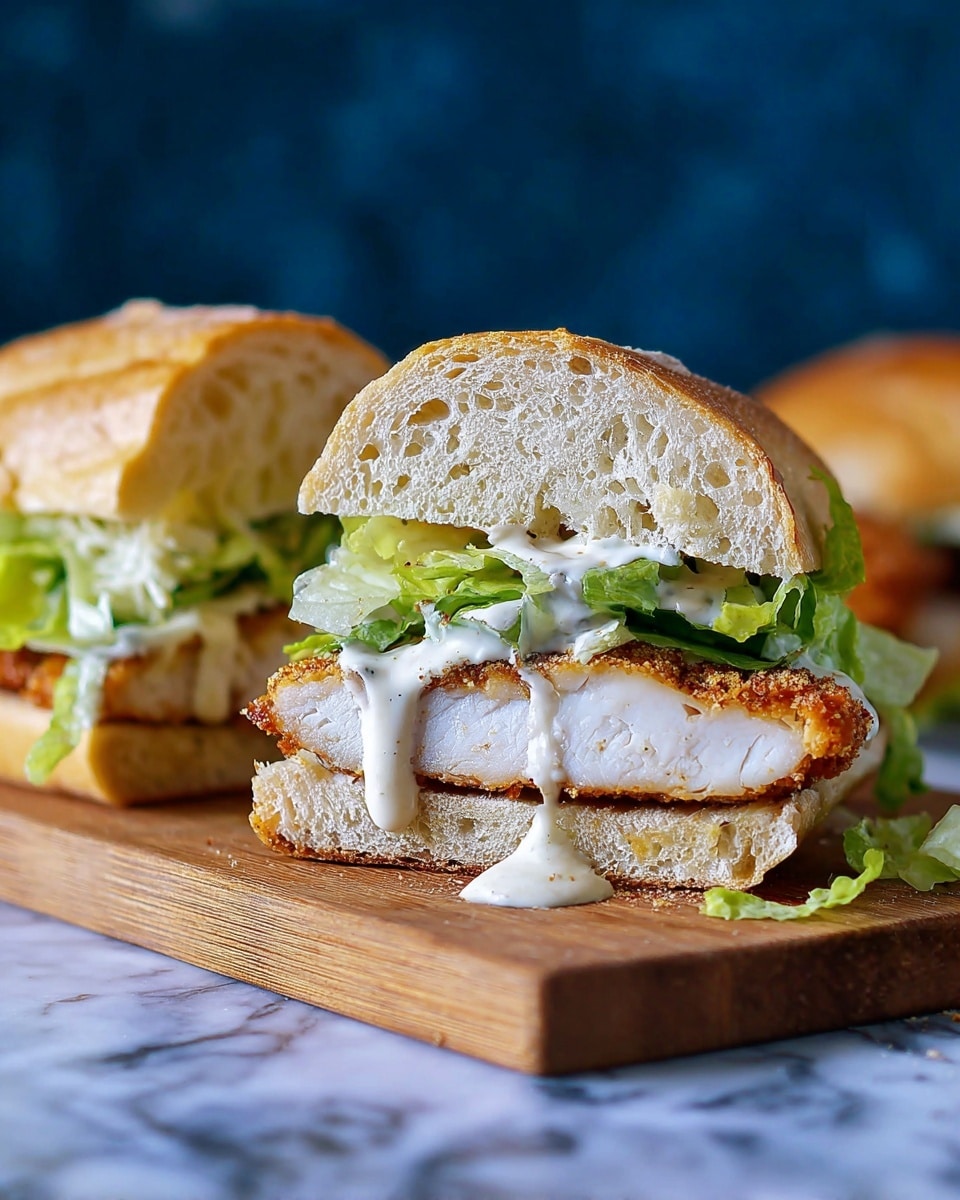 A sandwich cut in half sits on a wooden cutting board placed on a white marbled surface, with a blurred dark blue background. Each sandwich half has three visible layers: the top layer is a light golden-brown crusty bread roll with a soft, white, airy inside; the middle layer contains green leafy lettuce and a smooth, creamy white sauce dripping down the side; the bottom layer is a thick piece of crispy, golden-brown fried chicken with a white tender interior. Photo taken with an iphone --ar 4:5 --v 7