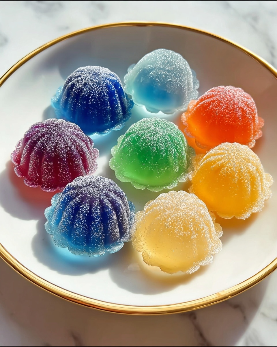 A white round plate with a gold rim holds ten dome-shaped jelly candies arranged closely together. Each candy is smooth, slightly translucent, and coated with fine white sugar crystals. Their colors vary, including deep purple, bright blue, light blue, green, yellow, orange, and red. The candies have a scalloped base that looks like a delicate frill, and the top is rounded with subtle vertical ridges. The plate is placed on a white marbled surface, and the light shines softly, highlighting the sugar sparkles on the candies. photo taken with an iphone --ar 4:5 --v 7