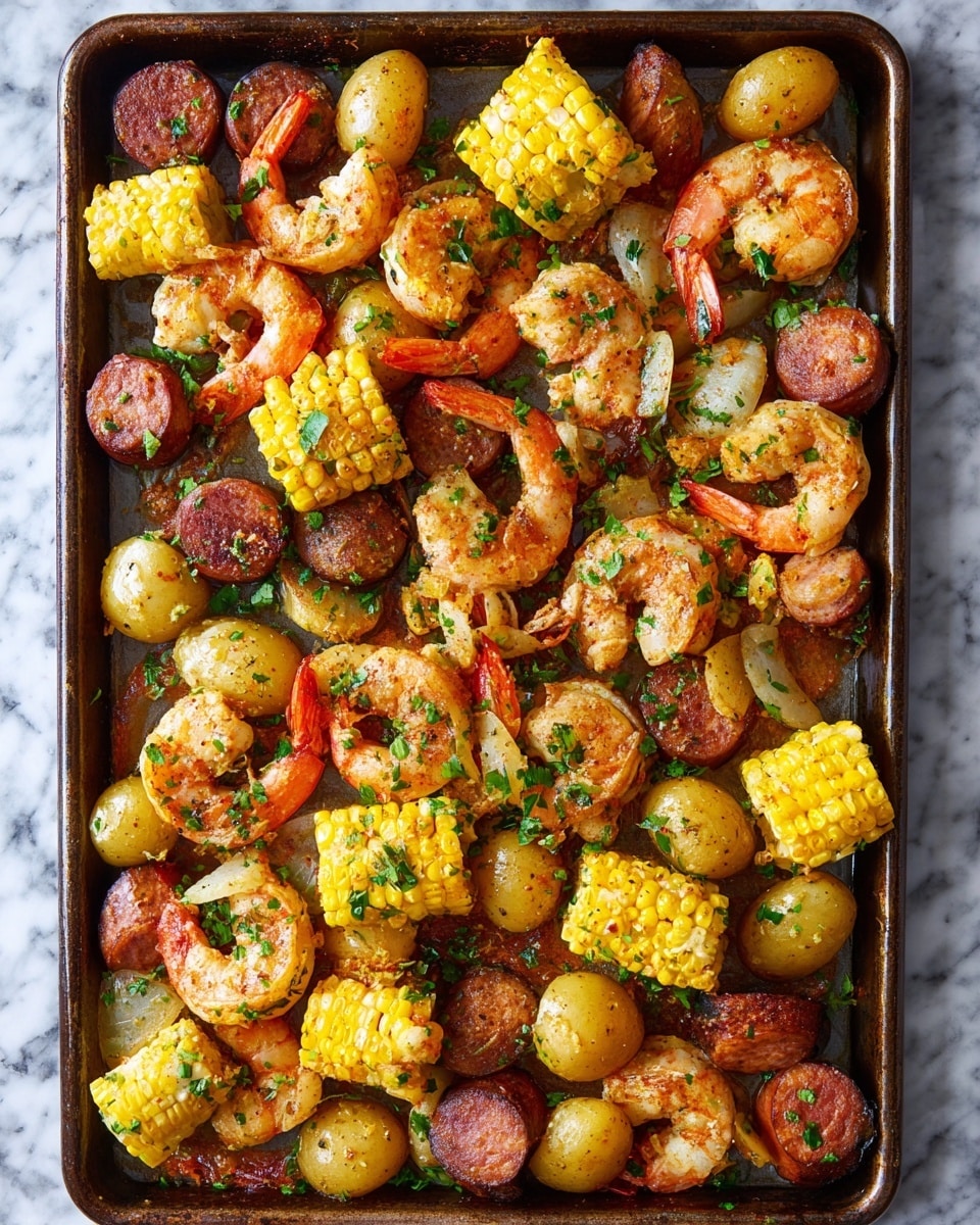 A baking tray filled with a colorful mix of cooked food items, including bright orange shrimp with tails, golden pieces of corn on the cob cut into thick rounds, small round yellow potatoes, and thick slices of browned sausage scattered evenly. All ingredients are garnished with chopped green herbs, adding fresh color on top. The shrimp have a slightly curled texture, the corn shows grill marks, and the sausage slices have a crispy exterior. The tray sits on a white marbled surface. photo taken with an iphone --ar 4:5 --v 7