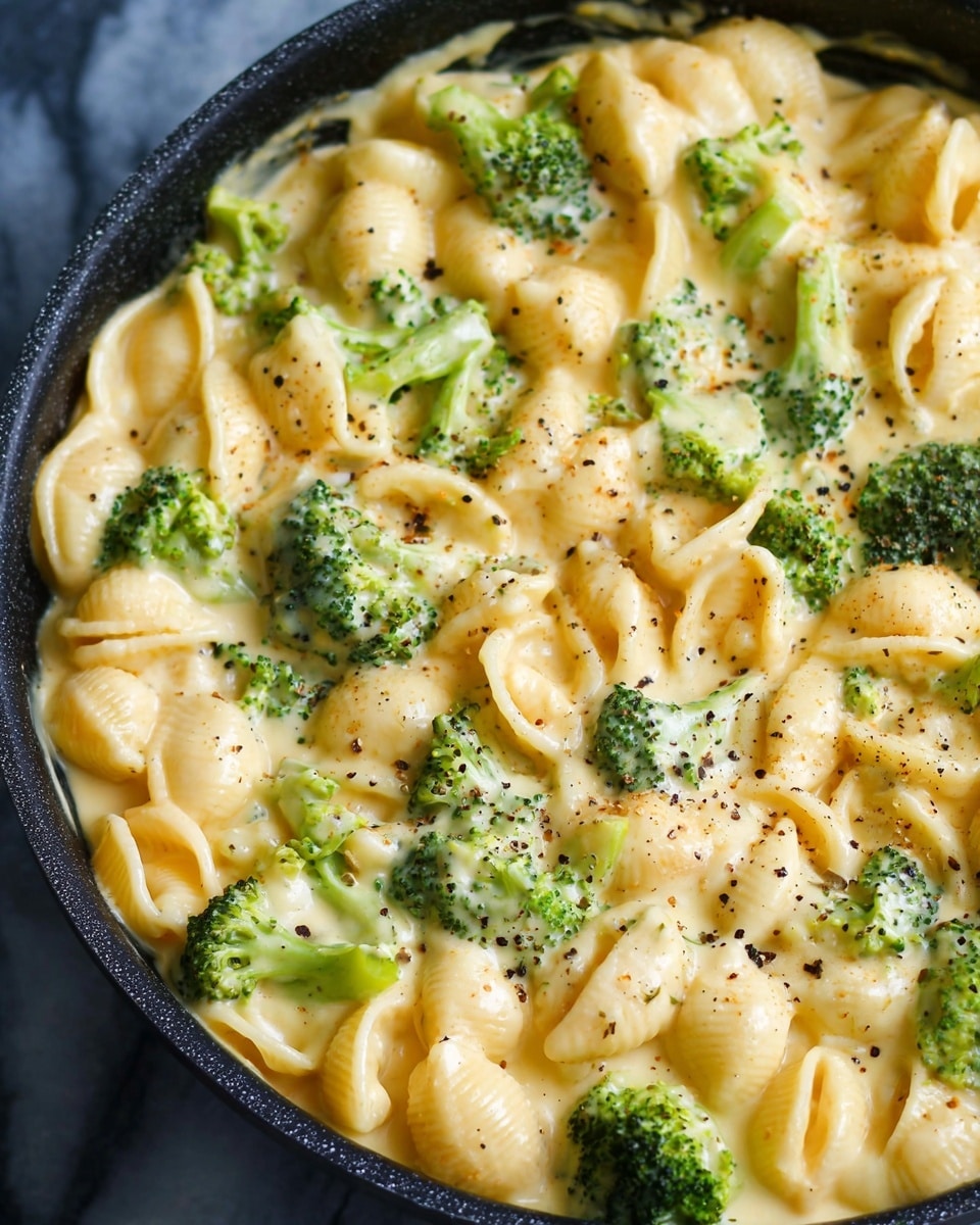 A close-up view of a black pan filled with creamy pasta shells mixed with bright green broccoli florets. The dish has one main layer of yellow pasta shells and green broccoli pieces coated in a thick, smooth light yellow cheese sauce. Small black pepper flakes are sprinkled on top, adding texture to the soft cream and pasta. The pan sits on a dark surface, but the background has been changed to a white marbled texture. Photo taken with an iphone --ar 4:5 --v 7