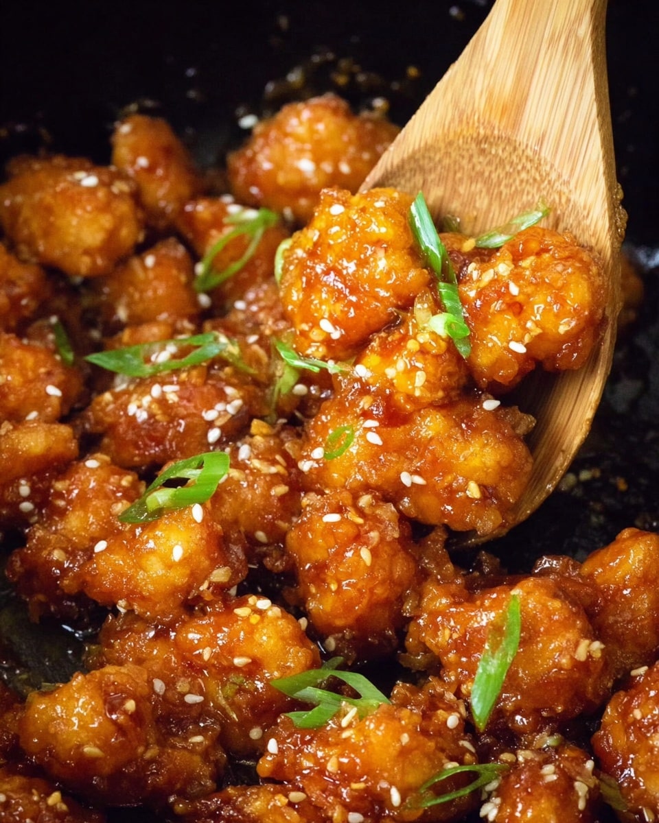A close-up of golden brown crispy chicken pieces coated in a shiny orange-brown sticky sauce with a slightly rough texture, scattered with white sesame seeds and thinly sliced green scallions, all held in a wooden spoon partially visible on the right side, with more coated chicken pieces filling the background on a black cooking surface. photo taken with an iphone --ar 4:5 --v 7