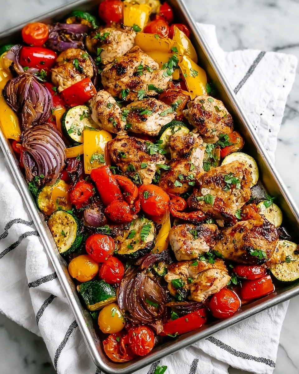 A large metal tray filled with one layer of grilled chicken pieces, each golden brown with char marks, surrounded by colorful roasted vegetables. The vegetables include bright red cherry tomatoes, yellow and red bell peppers, green zucchini slices, and purple onion chunks, all roasted to a soft, slightly caramelized texture. Fresh green herb pieces are sprinkled on top, adding a fresh look. The tray is set on a white marbled textured surface with a white towel with thin dark stripes on the side. photo taken with an iphone --ar 4:5 --v 7