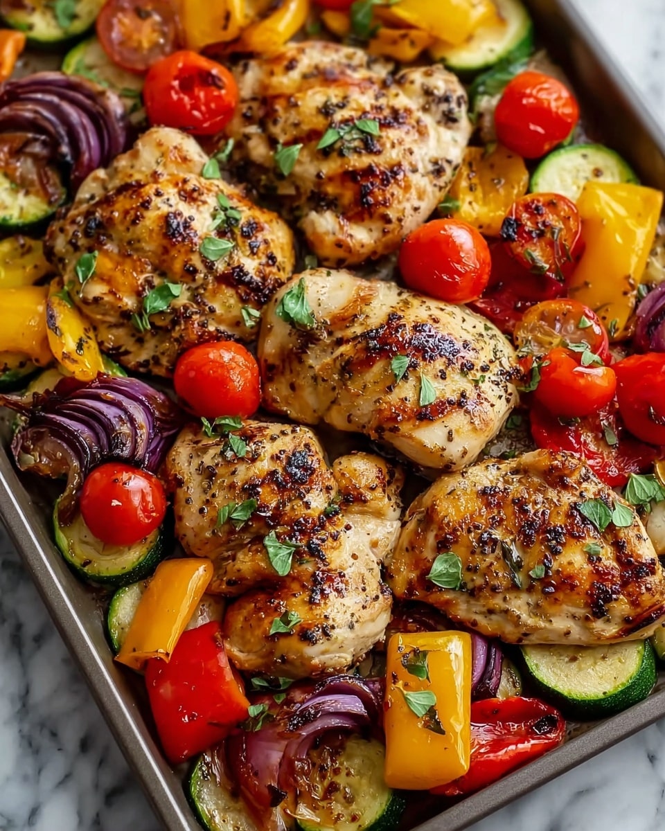 The image shows a tray filled with grilled chicken and mixed roasted vegetables. The chicken pieces are golden brown with charred grill marks and are seasoned with black pepper and small green herb leaves on top. Around the chicken, there are colorful vegetables: red and yellow bell pepper slices, halved cherry tomatoes, zucchini slices with grill marks, and pieces of purple onion. The vegetables have a shiny, roasted texture and are slightly caramelized around the edges. The whole tray is resting on a white marbled surface. photo taken with an iphone --ar 4:5 --v 7