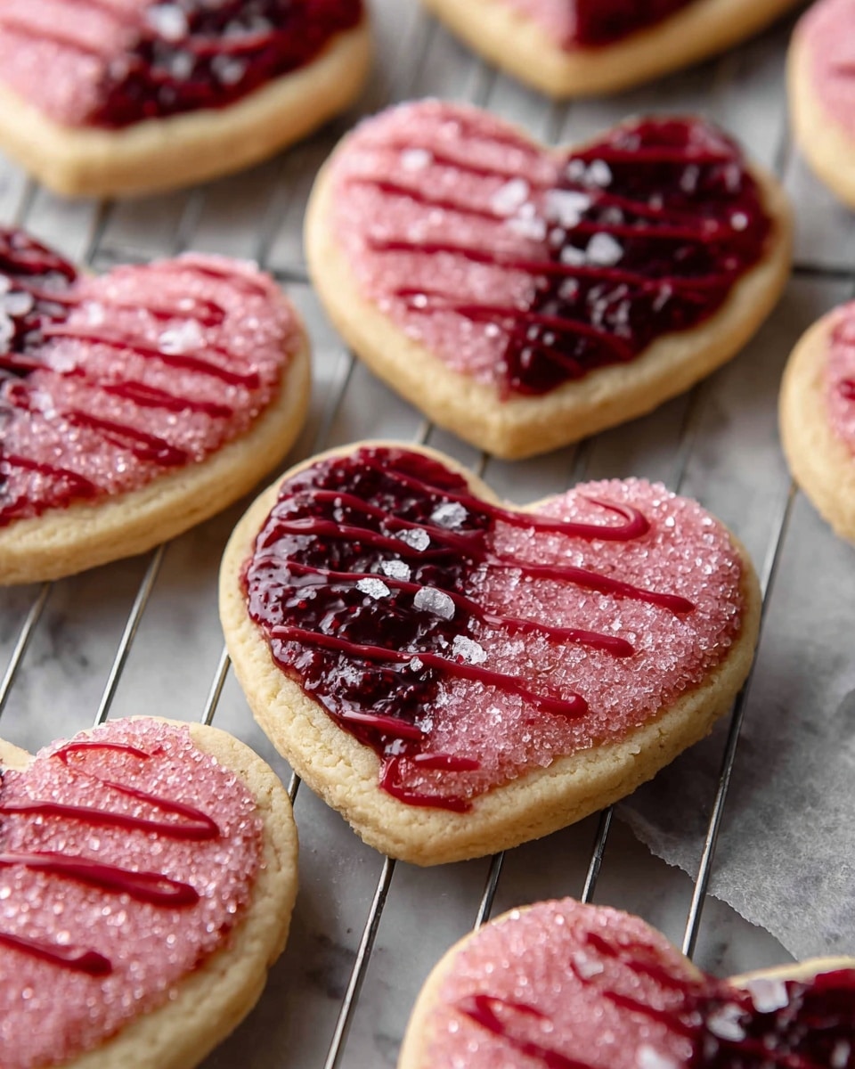 The image shows several heart-shaped cookies arranged closely on a wire rack lined with parchment paper, placed on a white marbled surface. Each cookie has two visible layers: the base is a light golden cookie with a soft texture, while the top half is dipped or coated in pink sugar crystals, giving a sparkling effect. On the left side of the pink half, there is a thick layer of dark red jam with a chunky texture, likely raspberry or berry jam. Over this jam, thin red lines of drizzle, possibly icing or melted candy, are evenly spread diagonally. A few white coarse sugar crystals are scattered on the drizzle, adding texture and detail. The overall look is festive and delicate. Photo taken with an iphone --ar 4:5 --v 7