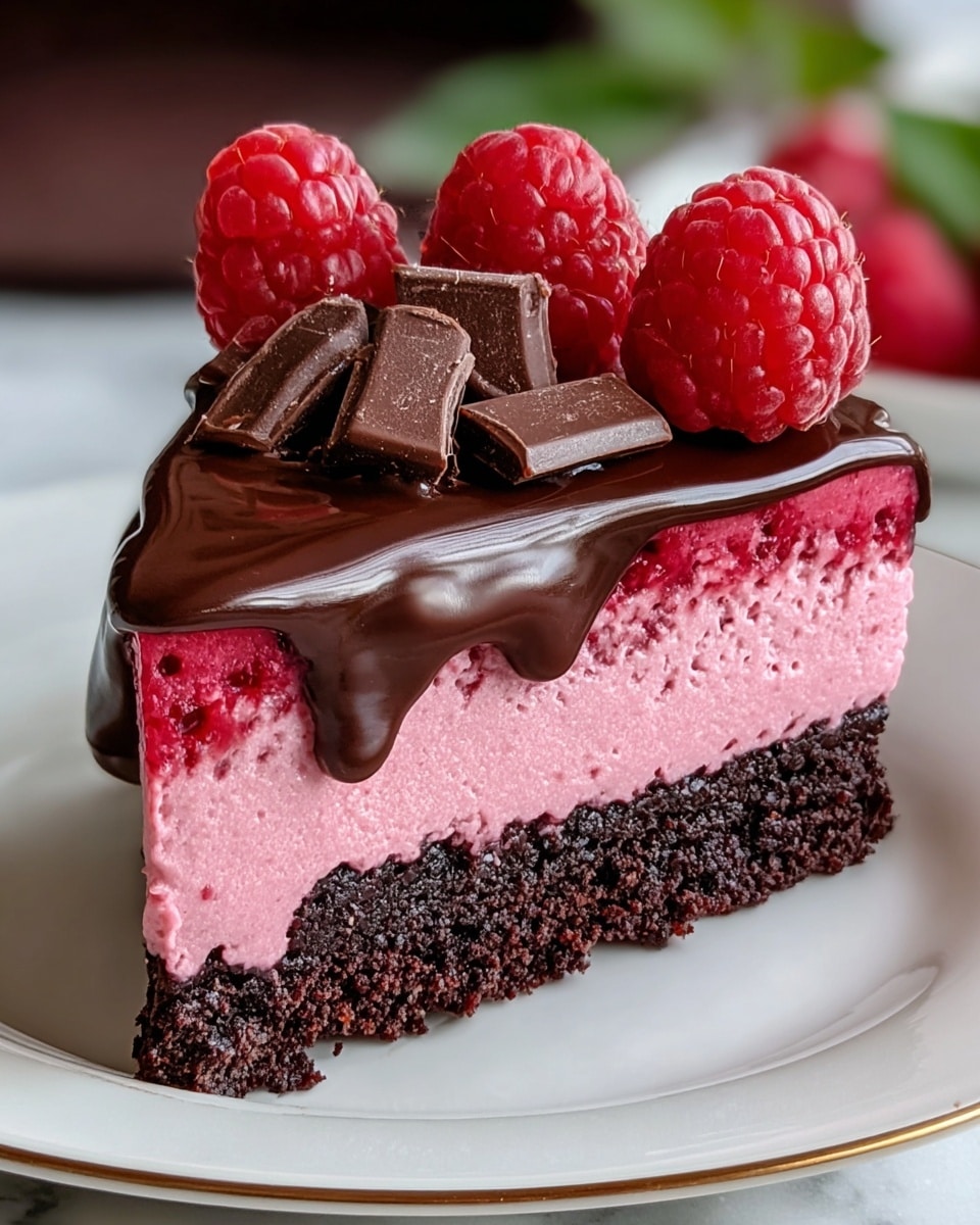 A close-up of a three-layer dessert slice on a white plate with a thin gold rim, resting on a white marbled surface. The bottom layer is a dark, crumbly chocolate crust with a rough texture. The middle layer is a thick, smooth, pink raspberry mousse with a light fluffy texture. The top layer is a shiny, rich dark chocolate ganache that drips over the sides. On top, there are fresh, bright red raspberries and a few small chunks of dark chocolate placed in the center. Photo taken with an iphone --ar 4:5 --v 7