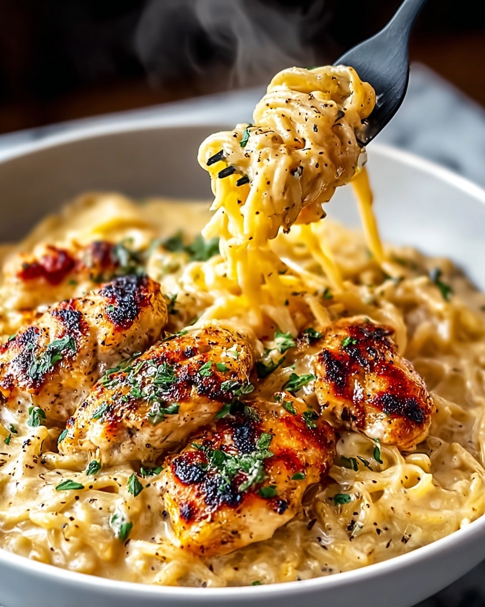 A close-up of a white bowl filled with creamy, light golden pasta mixed with grilled golden-brown chicken pieces with char marks sitting on top, sprinkled with finely chopped green herbs and coarse black pepper. A black fork lifts a portion of the saucy pasta, showing the creamy texture and tender chicken, with steam rising from the warm dish. The bowl rests on a white marbled surface. photo taken with an iphone --ar 4:5 --v 7