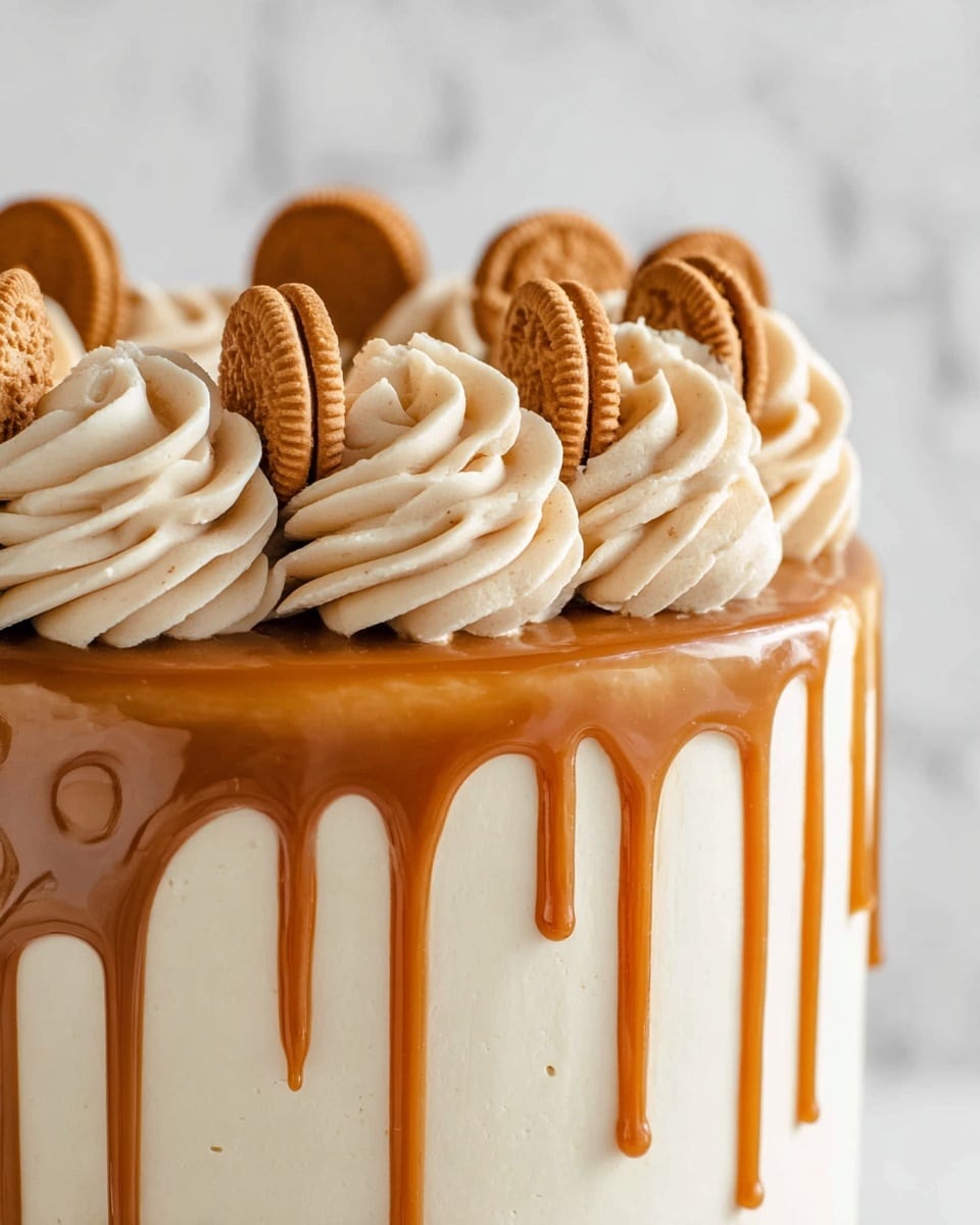 The image shows a close-up of a tall, smooth cream-colored cake with a thick layer of glossy caramel sauce dripping unevenly down the sides. On top, there are multiple swirls of light beige frosting that look soft and creamy, arranged in a ring around the edge. Nestled between the frosting swirls are several round golden-brown sandwich cookies standing upright, each cookie showing a textured surface and a cream filling. The background is a white marbled texture. photo taken with an iphone --ar 4:5 --v 7