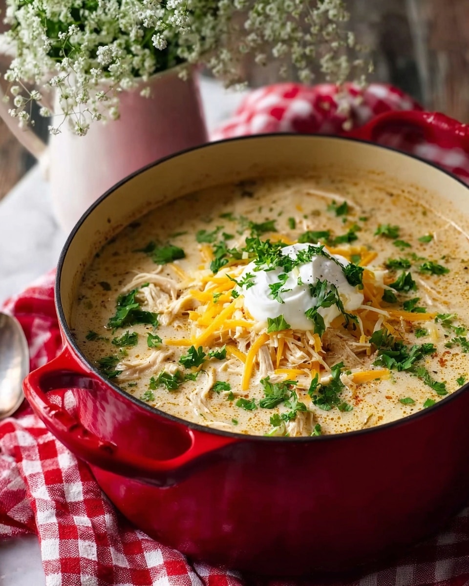 A large red pot filled with creamy chicken soup sits on a white marbled surface covered by a red and white checkered cloth. The soup has a thick, light beige broth with shredded chicken pieces layered throughout. In the center, there is a dollop of white sour cream topped with shredded yellow cheese and chopped green herbs scattered on top. Behind the pot, a white vase holds small, delicate white flowers, enhancing the warm and inviting scene. Photo taken with an iphone --ar 4:5 --v 7
