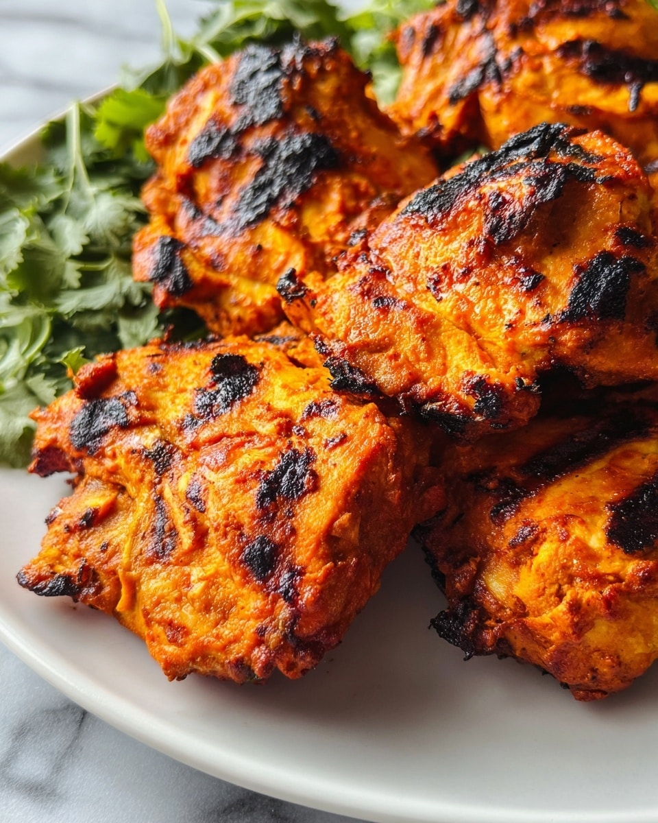 The image shows a close-up of five pieces of grilled chicken placed closely on a white plate. Each piece is cooked with a bright orange marinade that has slightly charred black spots, giving a crispy texture and a smoky look. The chicken pieces vary in shape but are thick with rough, uneven surfaces. In the background, some fresh green leaves add a touch of color contrast. The plate sits on a white marbled surface. photo taken with an iphone --ar 4:5 --v 7