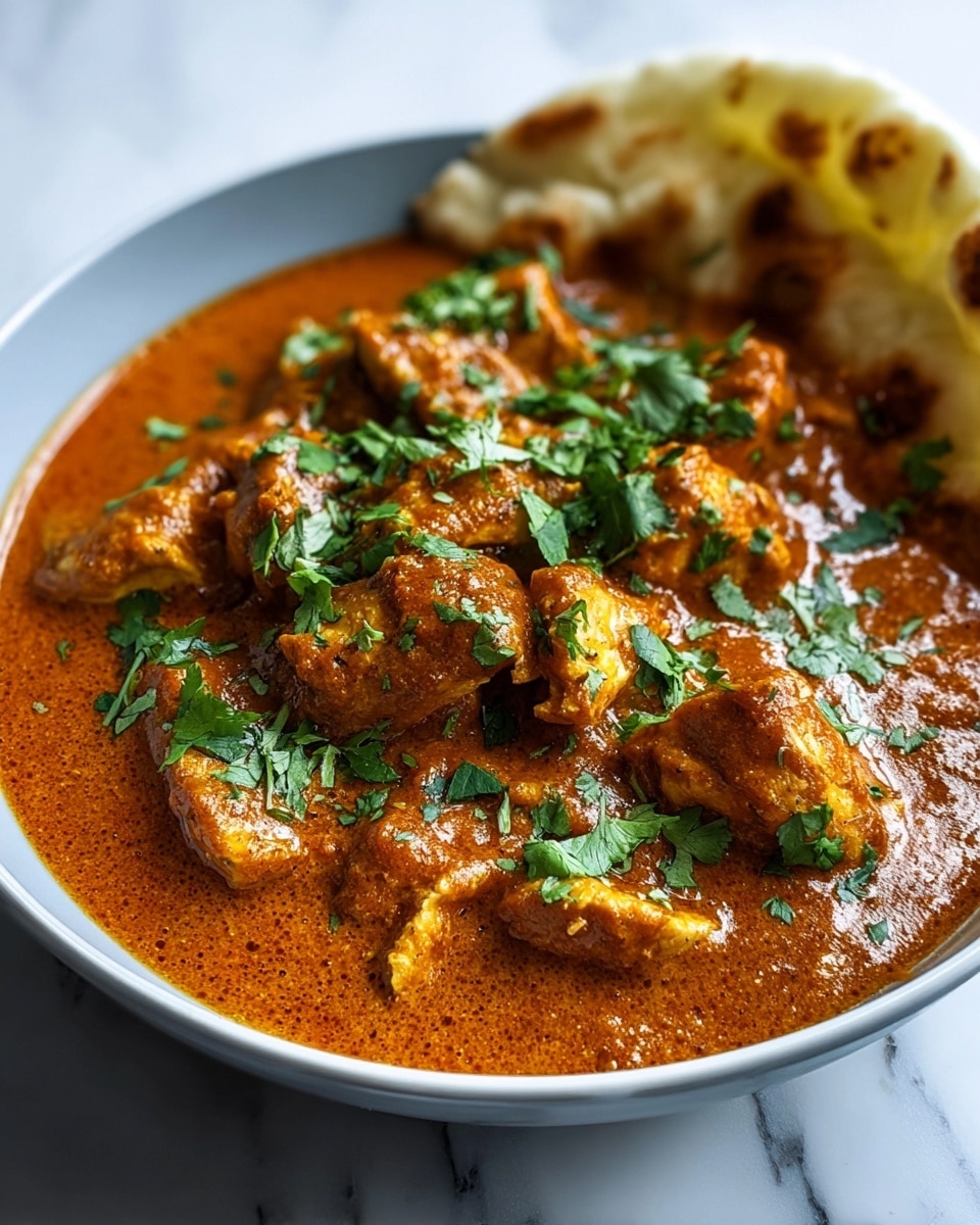 The dish shows a white round shallow bowl filled with a rich, thick orange-brown curry sauce. Large pieces of tender chicken, coated in the sauce, are spread evenly in the center. Bright green fresh cilantro leaves are scattered over the chicken, adding contrast. A folded piece of flatbread rests against one edge of the bowl, partially dipped in the sauce. The background has a smooth white marbled texture. The photo taken with an iphone --ar 4:5 --v 7