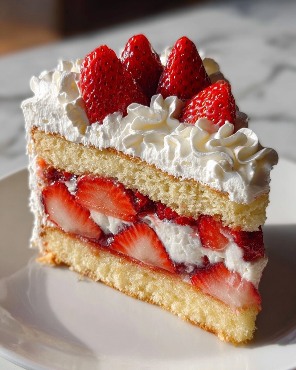 A slice of strawberry shortcake with three main layers is shown on a white plate. The bottom layer is a light yellow sponge cake, soft and slightly crumbly. Above it is a thick layer of whipped cream dotted with vibrant red strawberry slices, their juicy texture visible. Another layer of sponge cake sits on top, similar in color and texture to the bottom one. The top surface is covered with a thick, smooth layer of whipped cream, decorated with rosettes, and finished with whole, bright red strawberry halves arranged in the center. The background is a white marbled surface. photo taken with an iphone --ar 4:5 --v 7