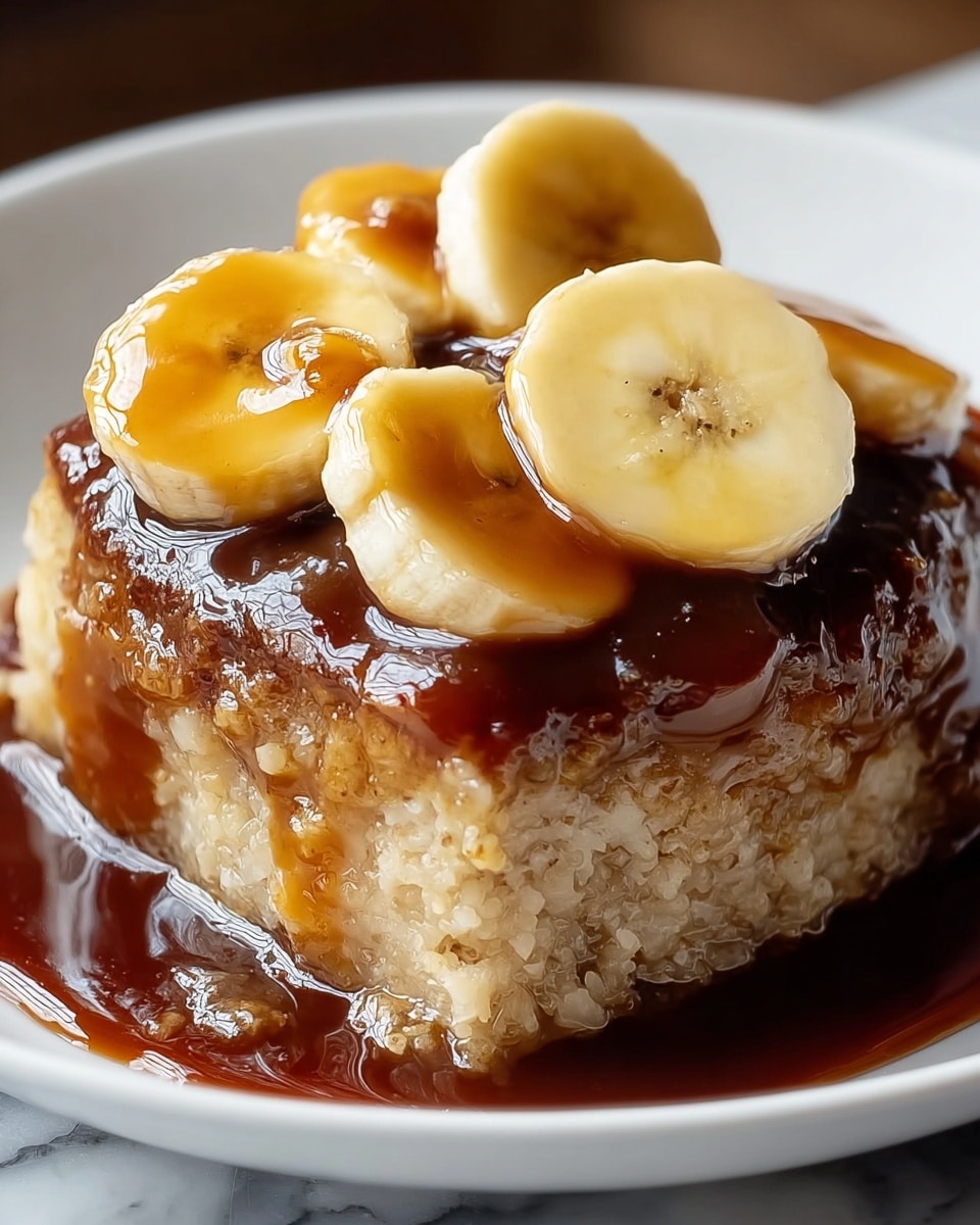 A dessert sits on a white plate against a white marbled surface, showing three layers: the bottom layer is a soft, light beige cake with a slightly crumbly texture; the middle layer is a thick, glossy, dark caramel sauce that seeps down the cake and pools on the plate; the top layer has four shiny banana slices with a pale yellow color, slightly covered by the caramel sauce that drips gently around them. The close-up view highlights the moist texture of the cake and the smooth gloss of the caramel and bananas. photo taken with an iphone --ar 4:5 --v 7