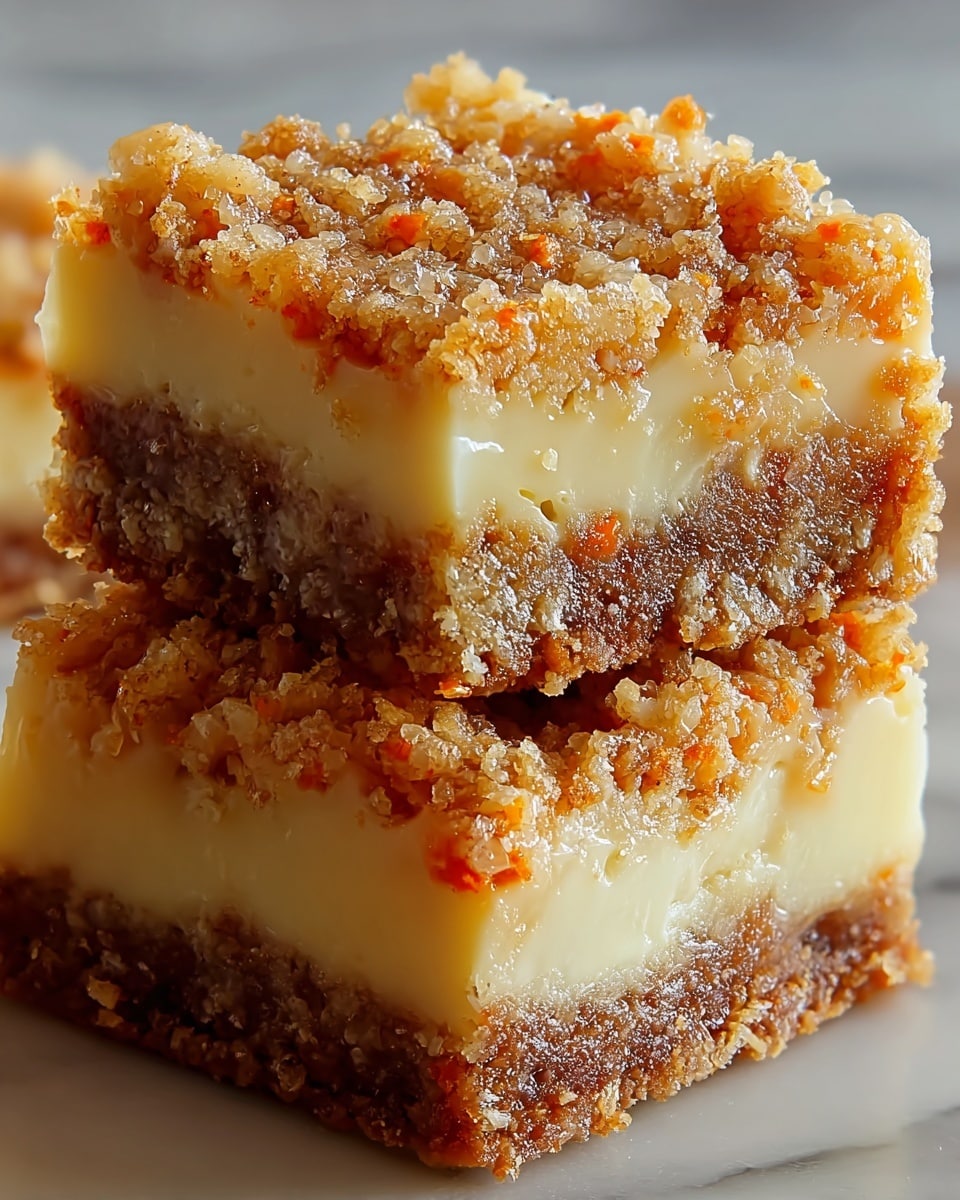 Two square dessert bars stacked on top of each other on a white marbled surface. Each bar has three layers: the bottom and top layers are crumbly and textured with a golden brown color mixed with small orange bits, giving a crunchy appearance. The middle layer is smooth and creamy with a pale yellow color, contrasting with the crunchiness of the outer layers. The top layer also shows some shiny crystallized sugar spots that add extra texture. The bars are close-up and detailed, showing the moist and crumbly texture clearly. photo taken with an iphone --ar 4:5 --v 7
