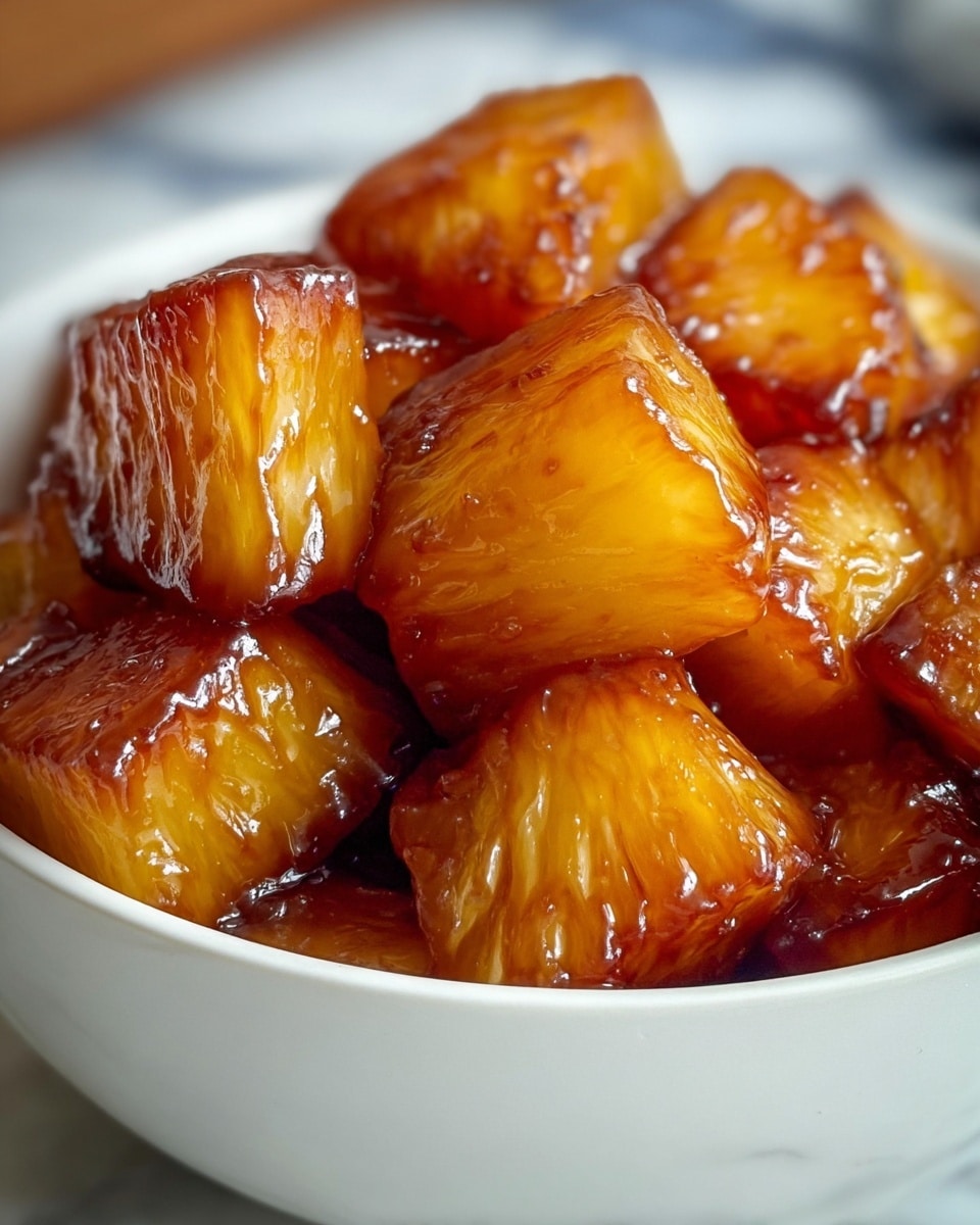 A close-up view of several chunky pieces of caramelized pineapple inside a white bowl, each piece glistening with a shiny, rich, dark amber glaze that highlights the golden-yellow texture of the pineapple. The pieces show slight browning on the edges, giving a glossy, sticky look that suggests a sweet and sticky sauce covering the fruit. The bowl’s edge is smooth and simple, sitting against a soft blurred background hinting at white marbled texture beneath. photo taken with an iphone --ar 4:5 --v 7
