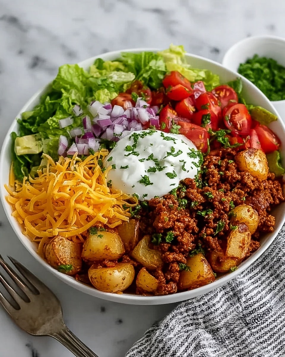 A white bowl sits on a white marbled surface filled with layered ingredients starting with green lettuce leaves at the back left, next to chopped red cherry tomatoes and finely diced purple onion in front. On the right side, shredded orange cheese covers one section, while a large scoop of white sour cream sprinkled with chopped green herbs sits in the center. The front right side holds browned potato chunks mixed with crumbly cooked ground meat, seasoned and richly colored with spices. The dish is vibrant with fresh, cooked, and creamy textures blending closely together. A fork and striped cloth lie on the right side of the bowl. Photo taken with an iphone --ar 4:5 --v 7