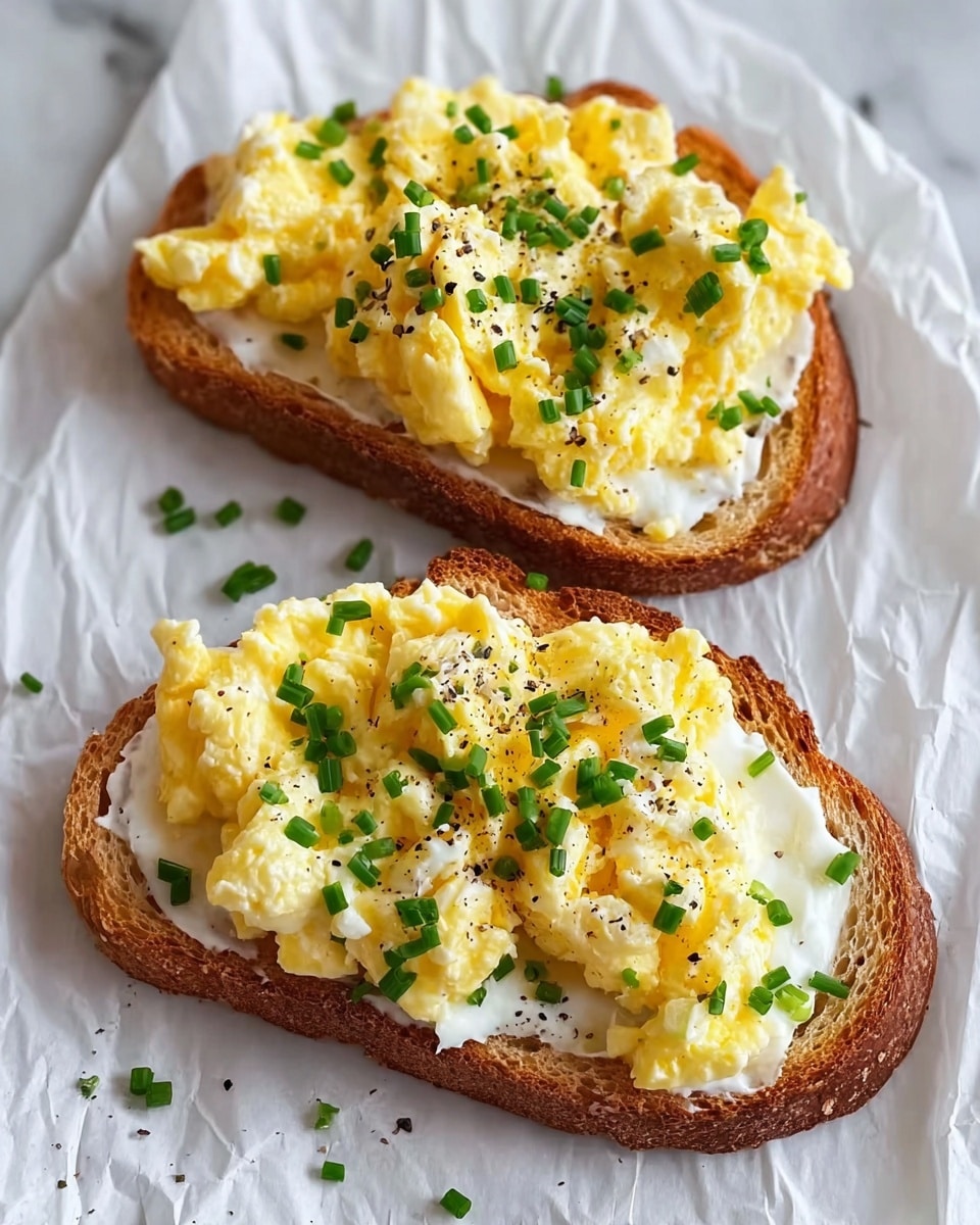 Two slices of toasted bread are placed on white crumpled paper over a white marbled surface. Each slice has one layer of soft, fluffy scrambled eggs that are yellow and white in color with a creamy texture. The eggs are sprinkled with small, chopped green chives and a light dusting of black pepper. The toast has a golden-brown crust with a slightly rough texture. Photo taken with an iphone --ar 4:5 --v 7
