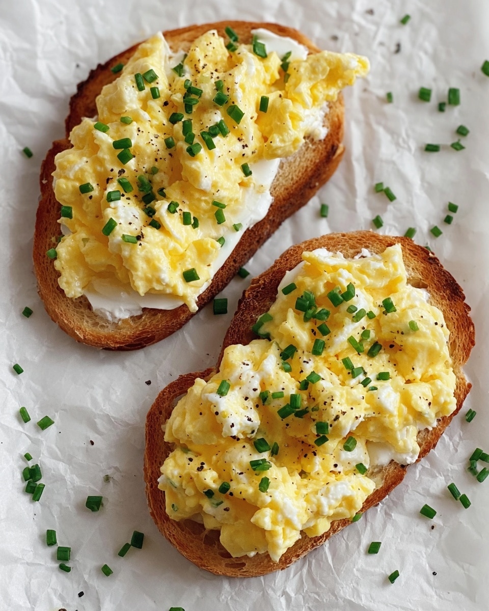 Two slices of toasted bread sit on crumpled white paper over a white marbled surface. Each slice has a thick layer of soft, fluffy scrambled eggs in pale yellow with some white curds visible, giving a creamy texture. The eggs are topped with small, chopped green chives scattered evenly across the surface, with a few black pepper specks adding contrast. The toast shows a golden brown edge with a slightly charred texture. Some extra chives are scattered around on the paper. Photo taken with an iphone --ar 4:5 --v 7