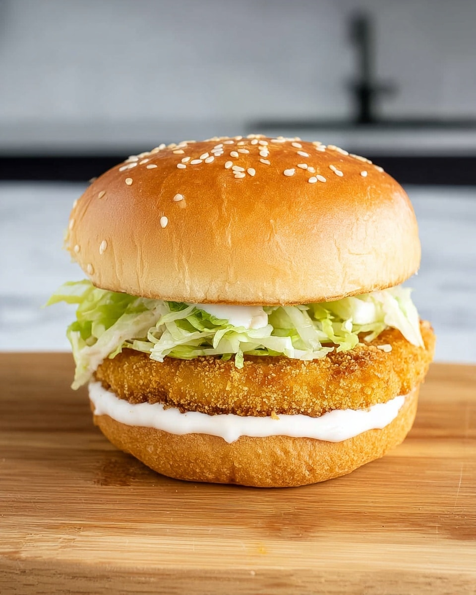 A close-up view of a simple sandwich placed directly on a light wooden cutting board with a white marbled background. The sandwich has four layers: the base is a soft, light golden bun, topped with a spread of creamy white sauce, then a thick, crunchy golden brown breaded patty, followed by shredded pale green lettuce, another thin layer of white sauce, and finally a shiny top bun sprinkled with white sesame seeds. The sandwich is centered in the frame, showing its texture and colors clearly. photo taken with an iphone --ar 4:5 --v 7