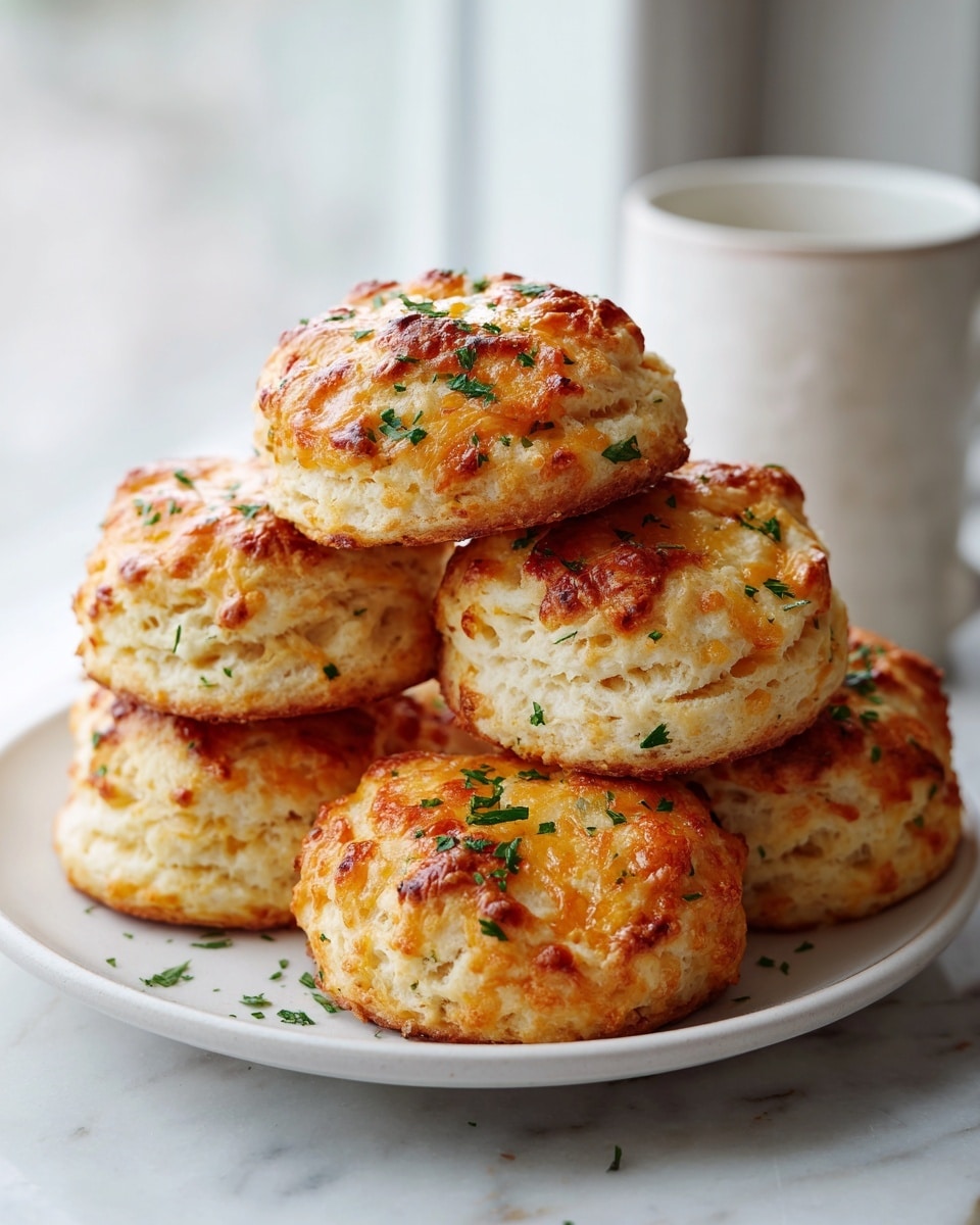 A stack of six golden brown biscuits sits on a white plate with a slightly raised edge, placed on a white marbled surface. Each biscuit is round with a rough, crumbly texture and a crispy, browned top showing uneven patches of melted cheese and finely chopped green parsley sprinkled across the surface and edges. The biscuits are arranged in a loose pile, with three on the bottom layer, two in the middle, and one balanced on top, revealing soft, fluffy interiors. In the background, a white mug is visible, softly blurred near a window with natural light brightening the scene. Photo taken with an iphone --ar 4:5 --v 7
