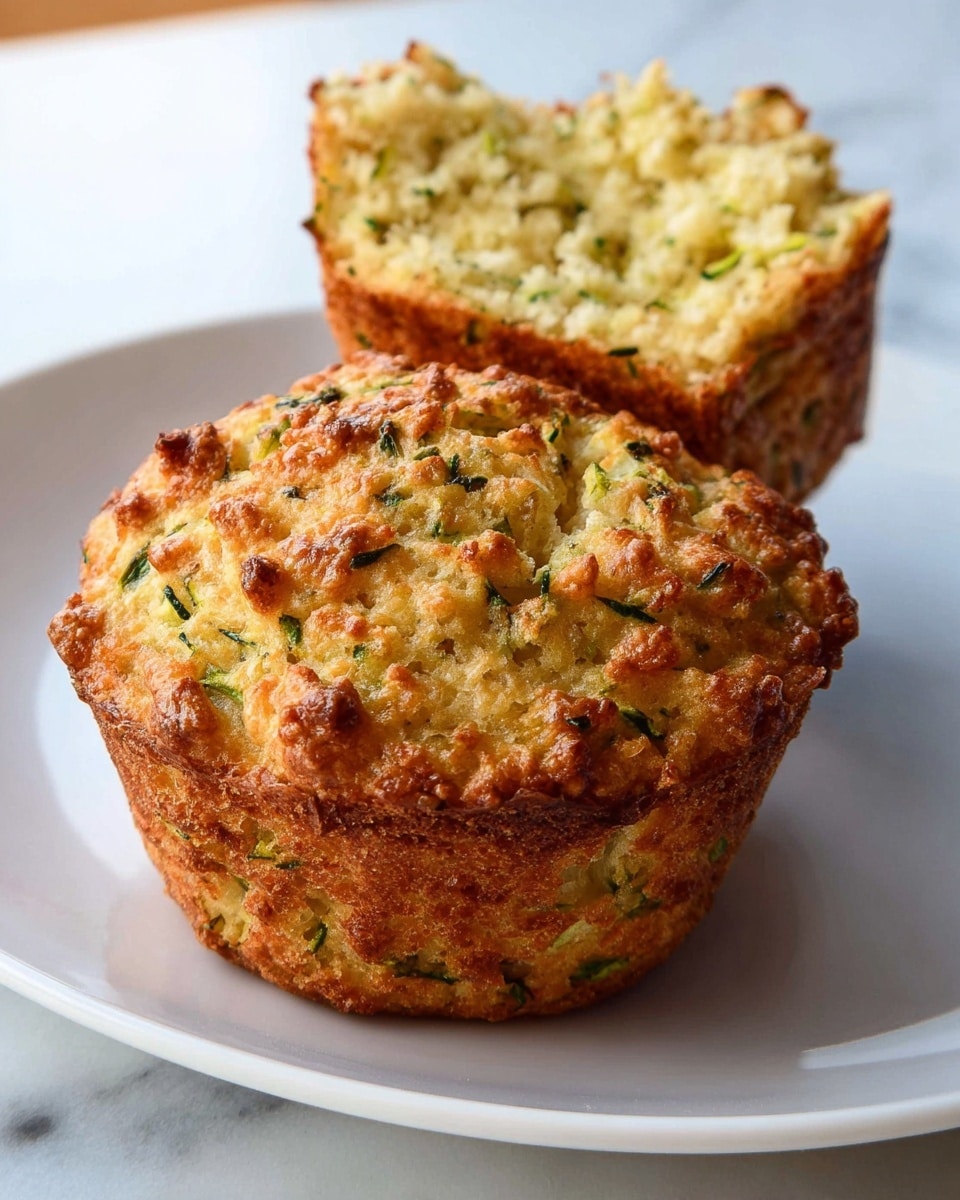 Two golden brown muffins with a crispy top sit on a white plate. The muffin in the front is whole, showing a rough, textured outer layer with small green flecks of herbs or vegetables embedded throughout. Behind it, the muffin is cut open, revealing a soft, light inside speckled with green bits, giving a fresh and moist look. The muffins have a warm, slightly browned crust that contrasts with the tender interior. They are placed on a white marbled surface with soft, natural light coming from the side. photo taken with an iphone --ar 4:5 --v 7