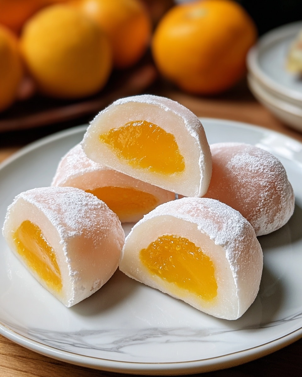 A white plate holds four pieces of mochi, each cut in half showing three layers: a thin outer white layer dusted with a fine white powder, a soft and slightly translucent middle layer with a smooth texture, and a bright orange-yellow filling in the center that looks thick and glossy. The mochi are arranged close together on the plate, which sits on a white marbled surface, with blurred orange fruits in the background. photo taken with an iphone --ar 4:5 --v 7