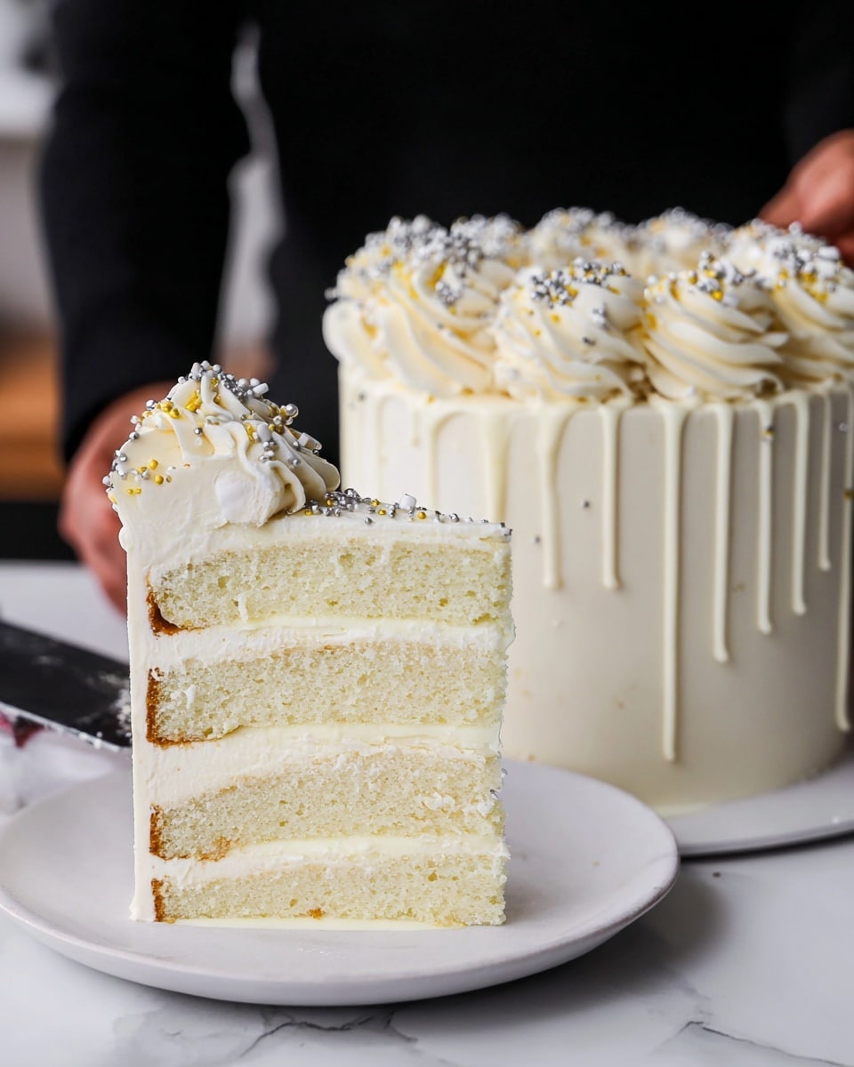 A close-up of a slice of white layered cake with four soft, crumbly layers separated by smooth white frosting. The cake sits on a white plate with a thin gold rim, placed on a white marbled texture. A piece of cake is cut and held by a gold fork close to the bottom left side of the image, showing the moist inside texture. The edges of the cake show a swirl of frosting with small round white and gold sprinkles. photo taken with an iphone --ar 4:5 --v 7
