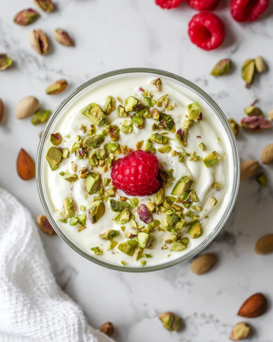 A clear glass bowl shows a creamy white yogurt layer topped with small, chopped green pistachio pieces scattered evenly across the surface, centered with a single bright red raspberry that adds a pop of color. The bowl is placed on a white marbled textured surface, with some whole pistachios around it, and a white cloth partially visible in the corner. The texture of the pistachios looks crunchy, while the yogurt appears smooth and soft. Photo taken with an iphone --ar 4:5 --v 7