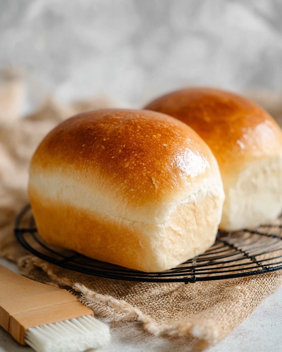 Two fresh bread rolls sit closely side by side on a black round wire cooling rack, showing their soft, light beige sides and shiny, golden-brown tops with a smooth texture. The bread is placed on a rough, tan woven cloth with a small wooden brush with white bristles lying near the bottom left corner. The background has a soft, white marbled texture out of focus. photo taken with an iphone --ar 4:5 --v 7