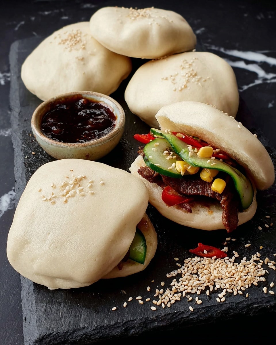 The image shows five soft, pale beige bao buns with a smooth, slightly puffed texture, arranged on a black slate serving board over a white marbled surface. Four buns are closed, displaying a round, fluffy shape with a few scattered white sesame seeds, while one bun is open, revealing several layers inside: thin dark brown grilled meat, bright green cucumber slices, thin red chili strips, and small yellow corn pieces, all topped with white sesame seeds. To the side of the buns is a small round container filled with dark glossy sauce, with some sauce spilled on the board and sprinkled sesame seeds nearby. Photo taken with an iphone --ar 4:5 --v 7