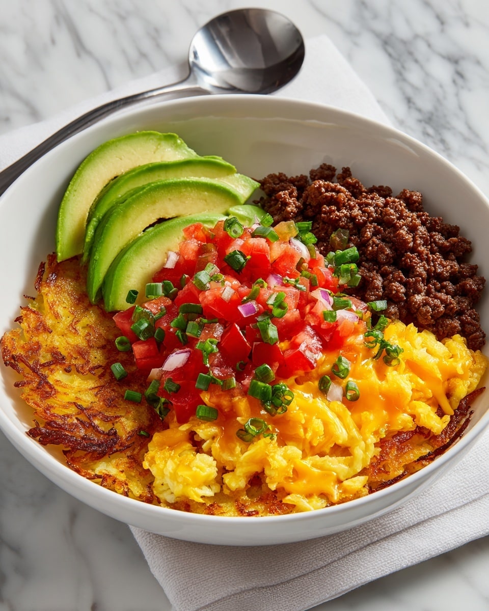 A white bowl filled with four distinct layers each covering about a quarter of the bowl’s surface, starting with a crispy golden-brown hash brown base layer. On top of this base, there is bright yellow scrambled eggs mixed with melted cheddar cheese, topped loosely with small bits of green herbs and scallion rings. Next to it, there is a fresh salsa layer made of finely chopped red tomatoes and green herbs, looking juicy and bright. Beside that, smooth slices of light green avocado pieces, and lastly, a portion of cooked ground beef with a crumbly texture and dark brown color completes the dish. The bowl is placed on a white marbled surface with a silver spoon beside it. Photo taken with an iphone --ar 4:5 --v 7
