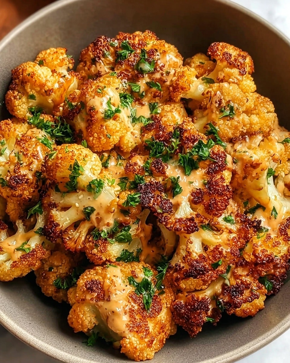 A bowl filled with one main layer of golden-brown roasted cauliflower florets with crispy edges, each piece coated unevenly with creamy tan sauce, garnished with small bright green parsley leaves scattered on top and throughout the cauliflower, all set against a white marbled textured surface. photo taken with an iphone --ar 4:5 --v 7