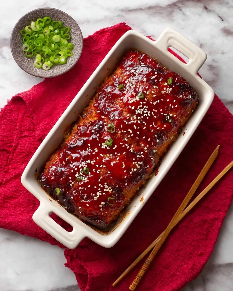 A rectangular, golden-brown meatloaf with a thick, shiny red glaze on top sprinkled with white sesame seeds, filling a white rectangular baking dish with handles on each side. The meatloaf has a slightly caramelized texture with some darker spots around the edges, giving a crispy look. To the top left of the dish is a small grayish bowl filled with sliced green onions, placed on a red cloth napkin. To the right of the dish, two wooden chopsticks lay on the red cloth. All items rest on a white marbled surface. Photo taken with an iphone --ar 4:5 --v 7