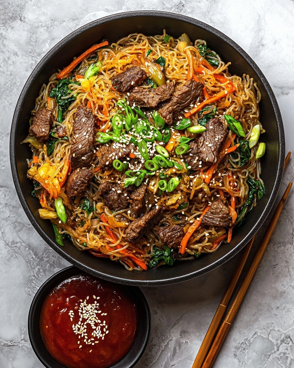 A black round pan filled with a base layer of thin, light brown noodles mixed with thinly sliced orange carrots and green leafy vegetables. On top, there are medium-sized pieces of dark brown cooked beef scattered evenly. The dish is garnished with white sesame seeds and chopped green onions. Next to the pan, a small black bowl holds a thick red sauce sprinkled with sesame seeds. A pair of wooden chopsticks lie beside the pan on a white marbled surface. photo taken with an iphone --ar 4:5 --v 7