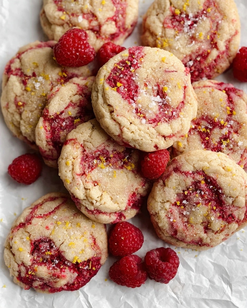 A close-up view of a pile of soft cookies with swirls of red raspberry mixed into the light beige dough, giving a marbled look throughout each cookie. The cookies have a slightly cracked surface with a rough texture and are sprinkled with coarse white sea salt and tiny bits of yellow lemon zest on top. Scattered among the cookies are fresh red raspberries, adding a bright contrast. The cookies rest on crinkled white parchment paper set on a white marbled surface. Photo taken with an iphone --ar 4:5 --v 7