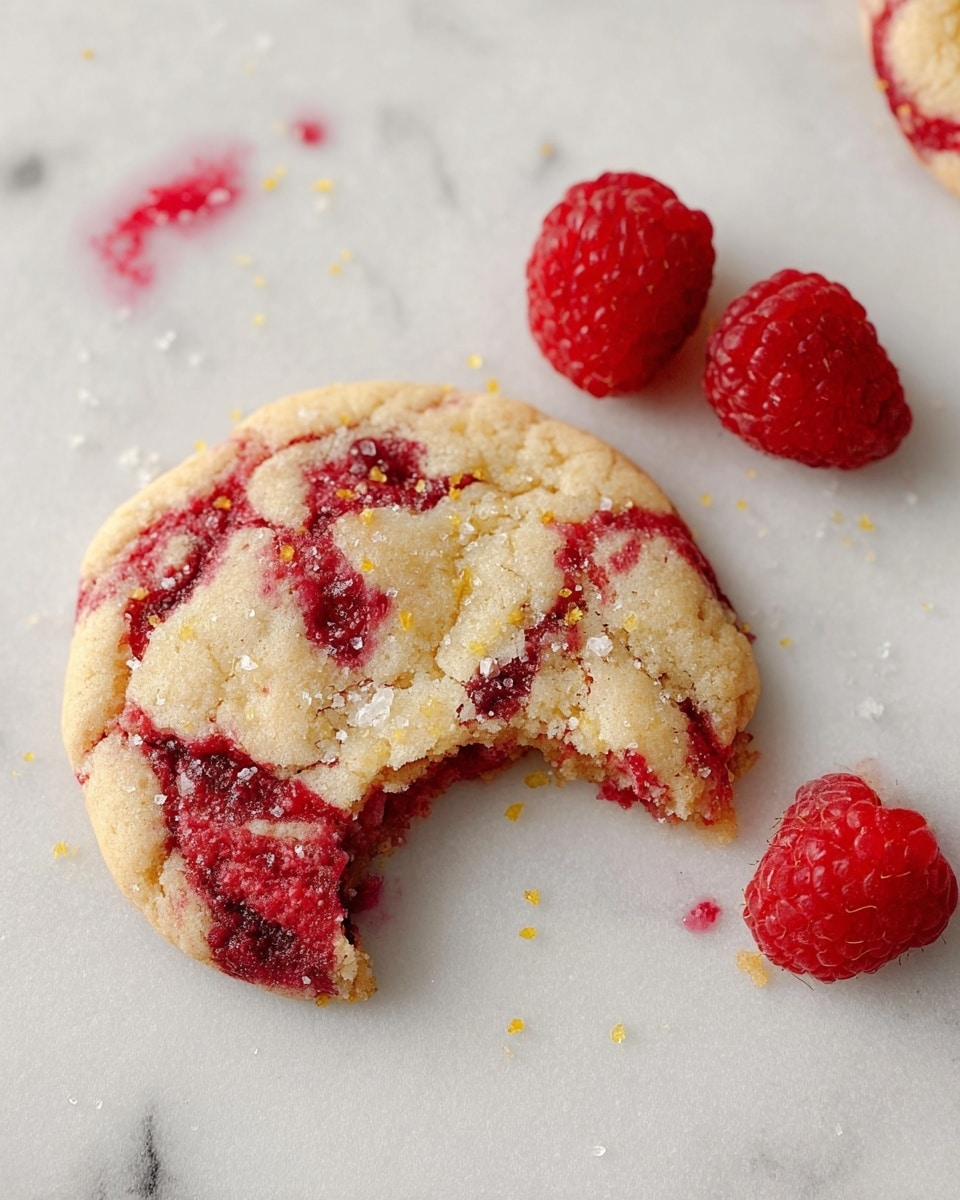 A round cookie with a bite taken out of its upper right side, showing a soft, slightly crumbly texture. The cookie's base is light golden, mixed with swirls and chunks of deep red raspberry, creating a marbled effect across the surface. Small, coarse sugar crystals and fine yellow lemon zest are sprinkled lightly on top, adding texture and color contrasts. Nearby, two fresh raspberries sit on a white marbled textured surface with a slight raspberry juice stain beneath the cookie. photo taken with an iphone --ar 4:5 --v 7