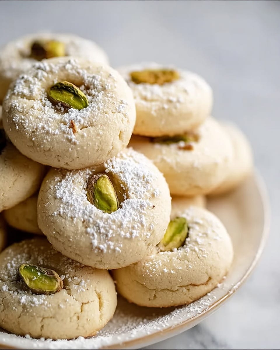 A close-up view of a stack of round cookies, each cookie having a pale beige color and a smooth texture. Each cookie shows a single whole green pistachio nut embedded in the center of the top surface, with a light dusting of white powdered sugar scattered across the top. The cookies are piled loosely on a white plate with a slightly raised rim. The background shows a white marbled texture. photo taken with an iphone --ar 4:5 --v 7