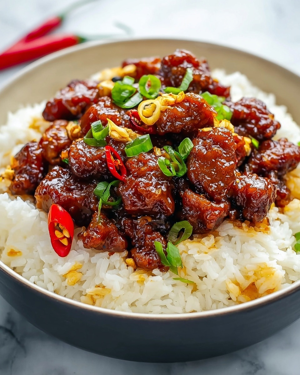 A close-up of a bowl with two layers: the bottom layer is white cooked rice with fluffy and slightly separated grains, filling the bowl fully. On top is a thick layer of glazed, crispy fried chicken pieces that are golden brown with a shiny sauce coating. Mixed in are thin slices of red chili peppers and long, pale yellow garlic slivers scattered among the chicken pieces. Small bright green chopped scallions are sprinkled over everything. The bowl itself is white and sits on a white marbled surface. photo taken with an iphone --ar 4:5 --v 7