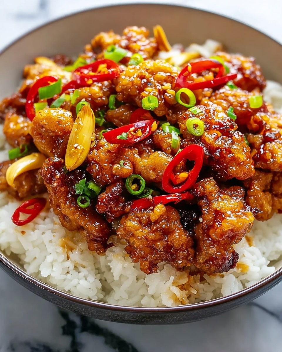 This image shows a dish served in a white bowl, filled with a base layer of white rice that looks fluffy with some light golden spots. On top of the rice is a thick layer of sticky, glossy dark brown meat pieces coated with a rich sauce. The meat is garnished with small bits of chopped green onions and includes a few whole red chili peppers, adding contrast in color. The sauce gives the meat a shiny and slightly thick texture, making the dish look flavorful. The bowl is placed on a white marbled textured surface. photo taken with an iphone --ar 4:5 --v 7