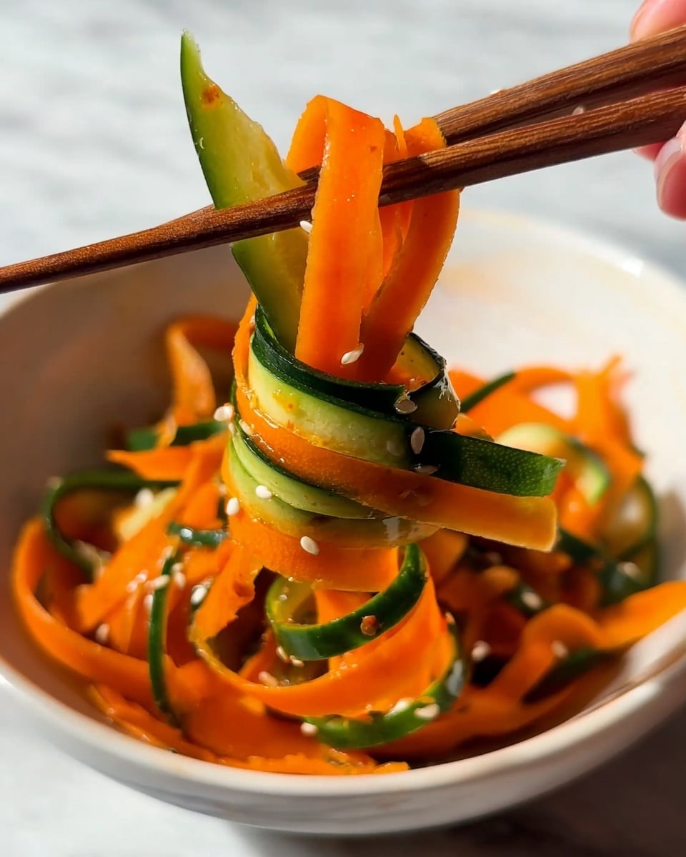 A close-up view shows thin, long ribbons of bright orange carrot and shiny dark green cucumber, twisted together around a pair of wooden chopsticks held by a woman's hand. The carrot and cucumber strips have a smooth texture with some small white sesame seeds scattered on them. In the background, a white bowl filled with more mixed ribbons of carrot and cucumber sits on a white marbled surface. The natural light highlights the fresh, crisp appearance of the vegetables, making the colors pop vividly. photo taken with an iphone --ar 4:5 --v 7