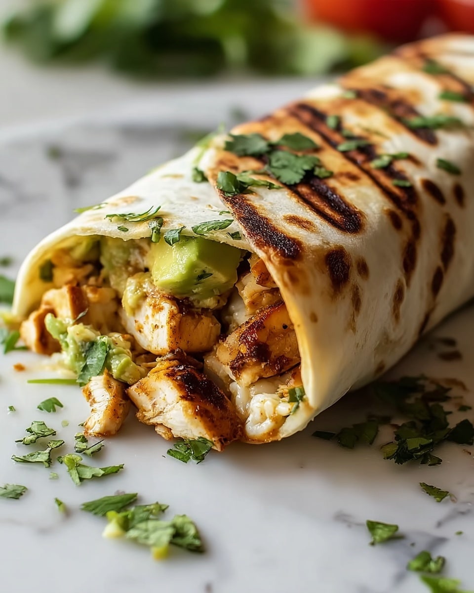 A close-up of a grilled wrap showing one end open with three visible layers inside: the bottom layer is diced grilled chicken with a golden-brown color and slight char marks, the middle layer consists of creamy green avocado chunks, and the top layer includes some scattered fresh chopped cilantro leaves. The wrap itself is lightly toasted with brown char spots and a soft texture, folded over the filling and resting on a white plate with pieces of cilantro scattered around. The background features a white marbled texture with blurred green and red colors in the distance. Photo taken with an iphone --ar 4:5 --v 7