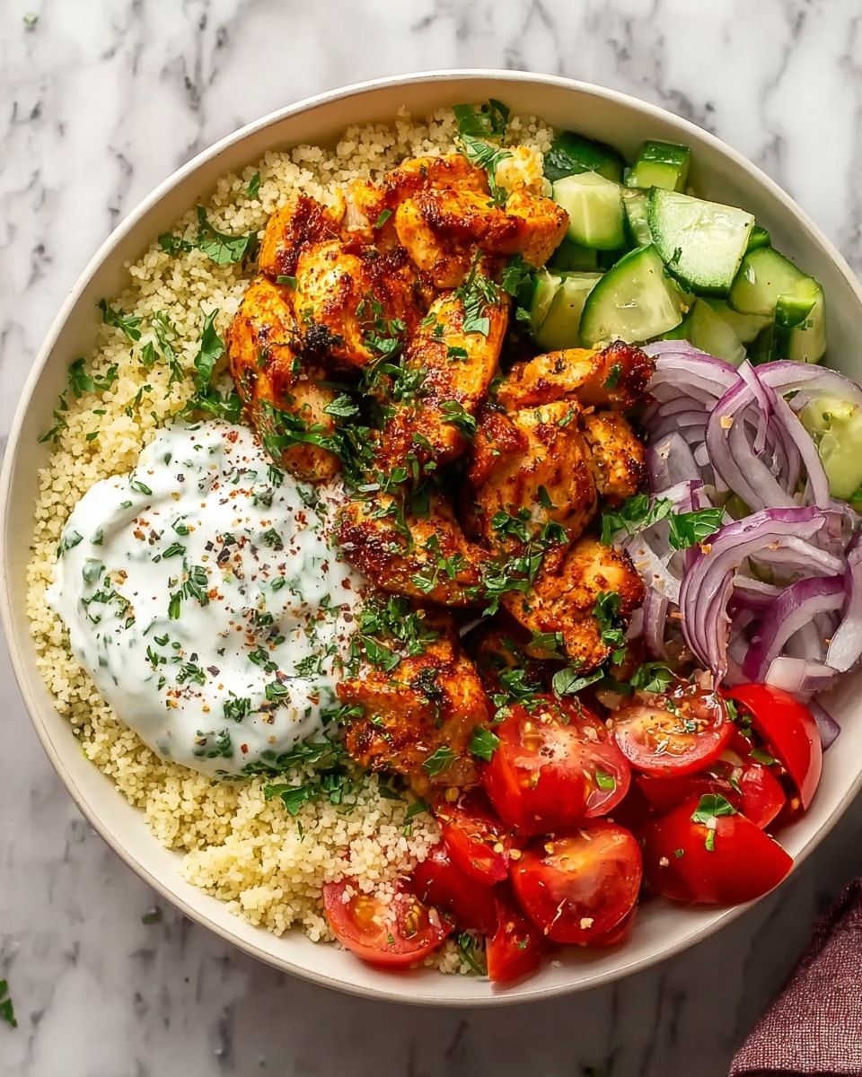 A bowl filled with layers starting at the bottom with a light beige couscous base, topped with several grilled chicken pieces that are golden brown with a slight char, sprinkled with green herbs. Around the chicken, there are fresh vegetable sections: thin purple-red onion slices on the top right, green cucumber slices with a slightly glossy texture on the middle right, and bright red cherry tomato halves at the bottom right. In the center of the bowl, there is a dollop of white creamy sauce with visible black pepper flakes and green herbs on top. The bowl is white and placed on a white marbled surface. photo taken with an iphone --ar 4:5 --v 7