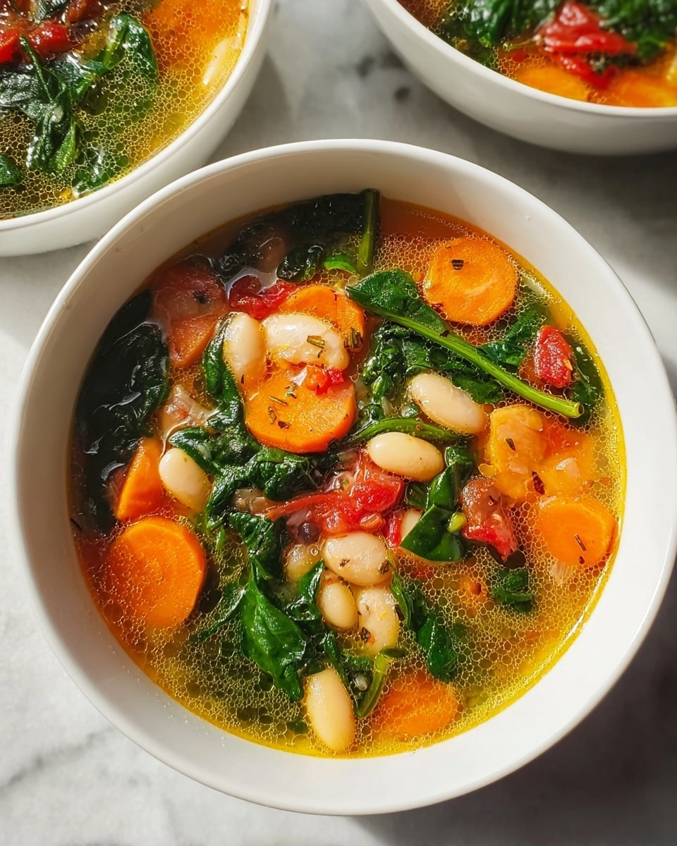 A white bowl filled with a colorful soup showing three main layers: a clear golden broth base with visible oil droplets, mixed with soft orange carrot slices and whole white beans; bright green leafy spinach pieces spread throughout, adding fresh color; and small chunks of red tomatoes scattered on top, creating a vibrant and hearty mix. The soup sits on a white marbled surface with a second bowl partially visible in the background, also containing the same soup. photo taken with an iphone --ar 4:5 --v 7
