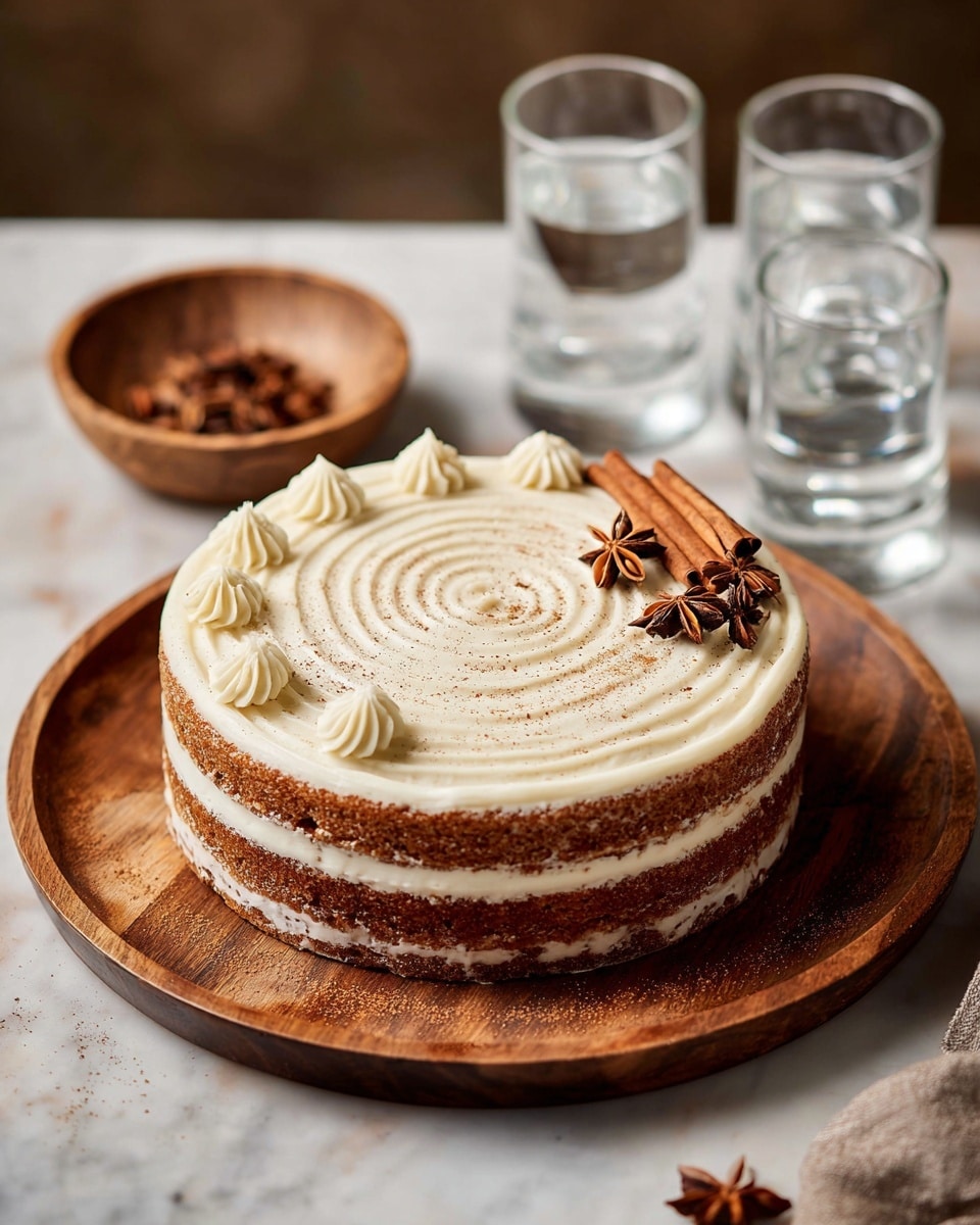 A two-layer round cake with a light brown sponge and thick white cream filling and frosting is placed on a wooden tray. The cake has a smooth top layer with a spiral pattern of cream in the center, bordered by small dollops of cream around the edge, lightly dusted with cinnamon powder. Two cinnamon sticks and three star anise are arranged on the top right side of the cake. The scene is set on a white marbled surface with a small wooden bowl of star anise and several clear drinking glasses filled with water in the background. Photo taken with an iphone --ar 4:5 --v 7