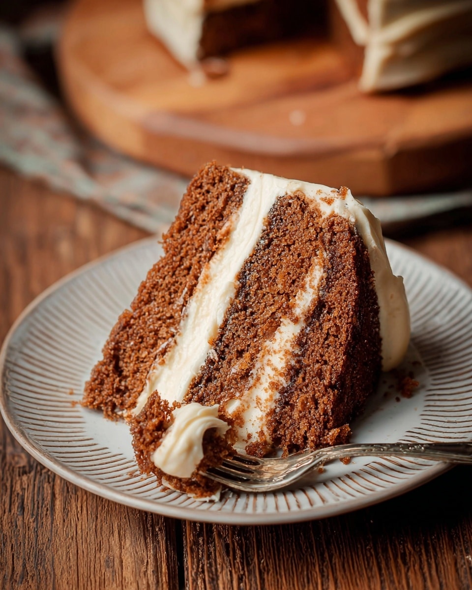 A slice of two-layer brown cake with a light cream filling between the layers and cream frosting covering the side is placed on a white plate with fine brown circular lines near the edge. A fork with a piece of cake and cream on it is resting on the plate in front of the slice. The cake texture is soft and crumbly. The scene is set on a wooden surface with a blurred wooden board in the background. photo taken with an iphone --ar 4:5 --v 7