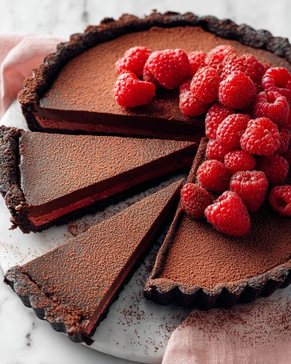 A dark chocolate tart sliced into six parts is shown on a white marbled surface with a pink cloth underneath. The tart has a thick, dark brown crust with a smooth, slightly shiny dark chocolate filling dusted with cocoa powder on top. One slice is lifted, showing a bright red raspberry layer above the crust and under the chocolate filling. Fresh red raspberries are piled on top of the tart near the cut slices, adding a pop of color and texture. Photo taken with an iphone --ar 4:5 --v 7