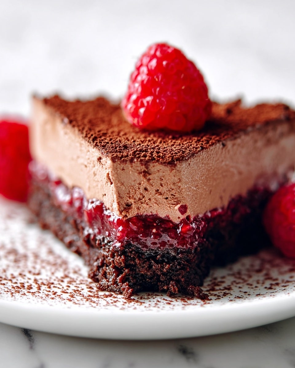 A close-up view of a three-layer chocolate dessert slice on a white plate, set against a white marbled texture. The bottom layer is dark, dense, and crumbly with a rough texture, resembling a chocolate brownie base. Above this is a thin layer of bright red raspberry jam with visible seeds, slightly glossy and textured. The top layer is thick and smooth, light brown chocolate mousse dusted with fine cocoa powder, giving a soft matte finish. On top of the mousse sits a fresh red raspberry adding a pop of vibrant color and natural texture. Photo taken with an iphone --ar 4:5 --v 7